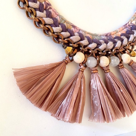 GUDBLING Boho Raffia Tassel & Crochet Statement Necklace - Picture 3 of 8